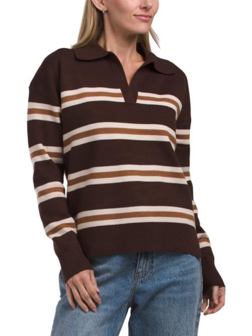 CYNTHIA ROWLEY Long Sleeve Pull Over Johnny Collar Sweater With Stripes